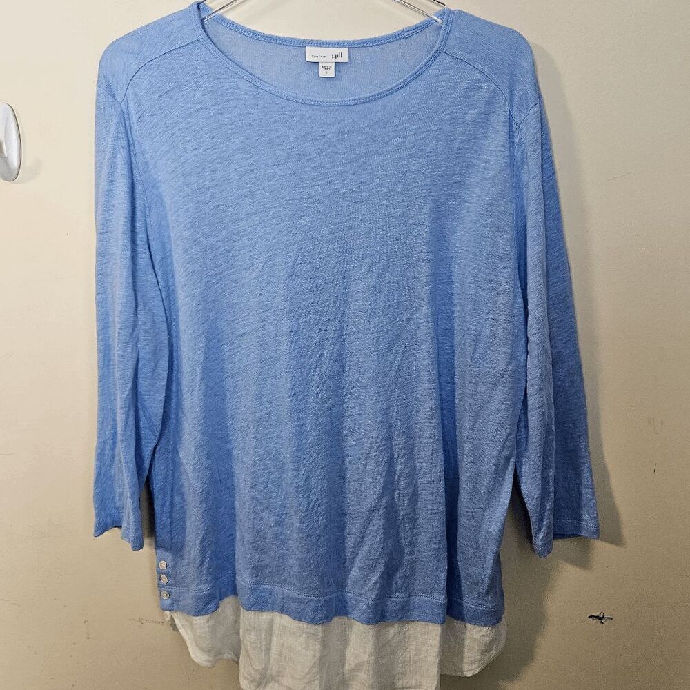 J. Jill Love Linen 3/4 Sleeve Blouse Women's Blue with White Bottom Trim Size La